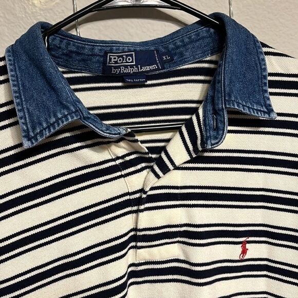 NWOT POLO by Ralph Lauren Ivory Polo with Navy Stripes and a Denim Collar - Picture 4 of 6
